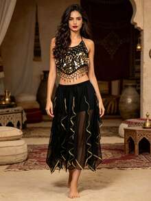 2pcs Belly Dance Performance Costume, Dance Performance Outfit, Top + Belly Band, Chili Pepper Theme Stage Performance Costume, Practice Set, Ruffle Long Skirt, Soft Comfortable Lightweight Chiffon Fabric - Multicolor - View 8
