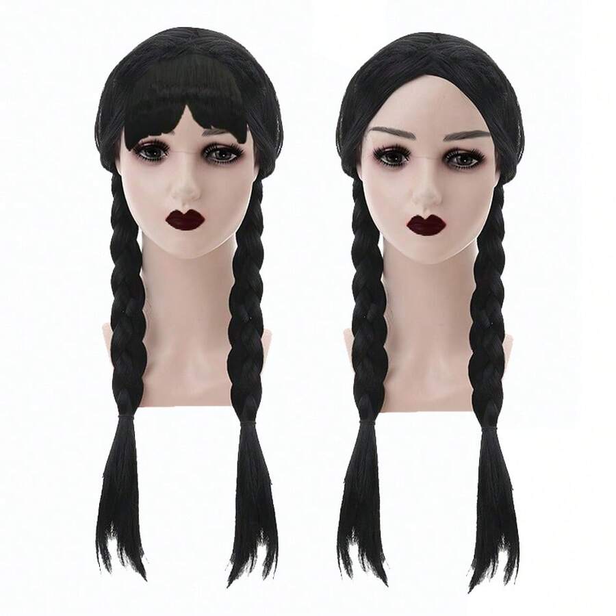 Black Double Braids With Flat Bangs Wig, Suitable For Girls, Can Be Used For Wednesday Cosplay, Evil Character Cosplay, Photography, Party Costume Accessories And Halloween Costumes. - Multicolor - View 1