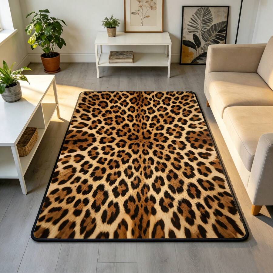 1pc Yellow Brown Leopard Print Rectangular Area Rug, Vintage Wild Aesthetic Short Pile Black Edged Doormat, Living Room Sofa Area Bedroom Entryway Personalized All-Season Home Decor Rug - Mocha Brown - View 1