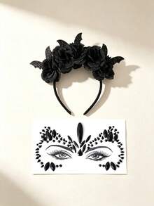 2PCS Halloween Party Headband Set - Includes Flower & Bat Decorated Headbands, Black Rhinestone - Multicolor - View 3