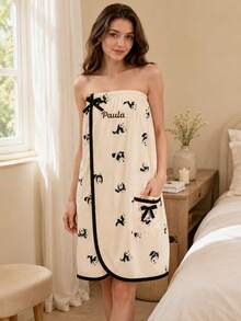1PC Personalized Panda Motif Bath Wrap, Customizable Name Embroidery, Bow Accent And Side Pocket Design, Strapless Wearable Bath Cover‑Up, Shower Routine, Bedroom & At‑Home Spa, Holiday Present For Adult Family Members - Multicolor - View 8