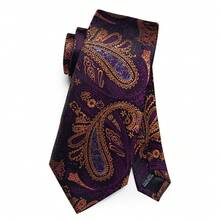 Black & Purple Gold Paisley Pattern Men's 4-Piece Tie Set With Pocket Square, Cufflinks, Gold Tie Clip, Evening Party Accessories - Purple - View 3