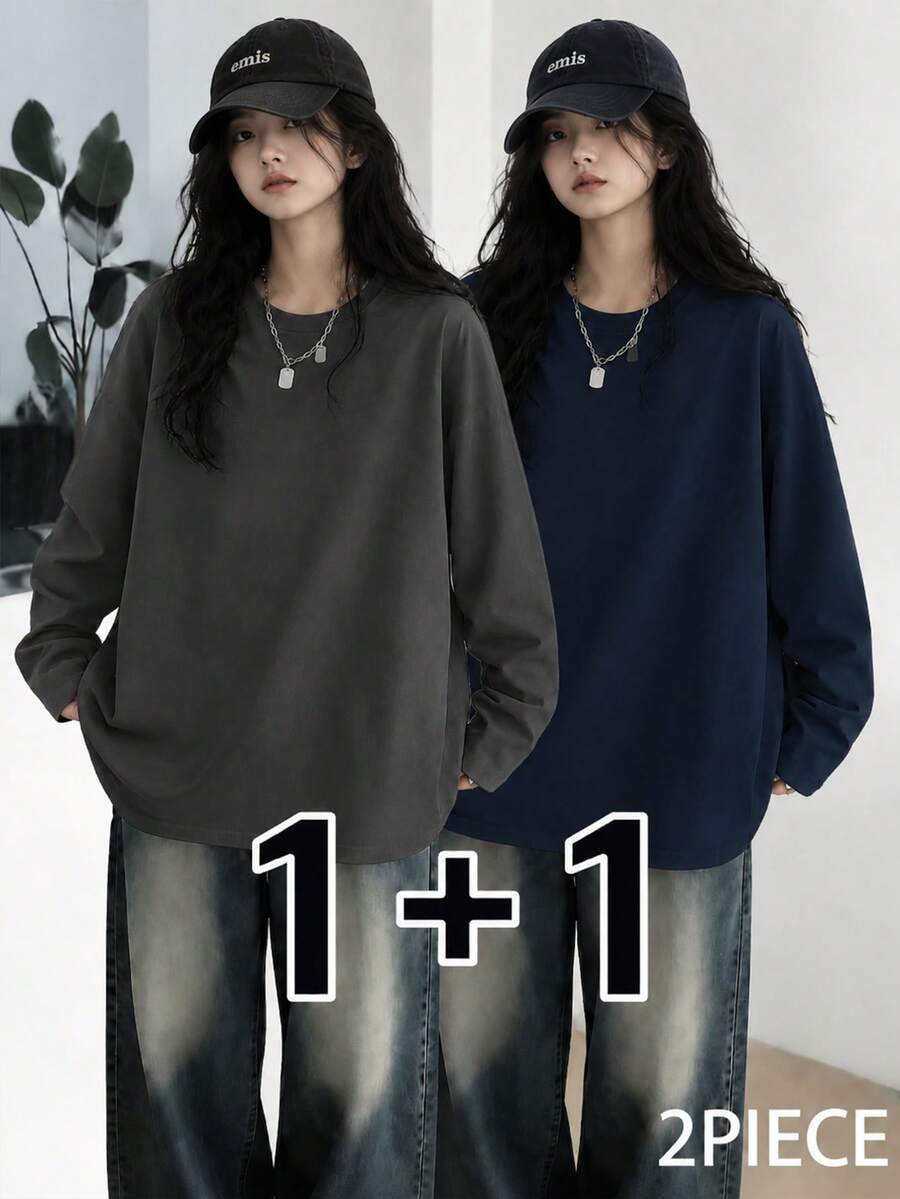 Women's Fashion Autumn/Winter Loose Minimalist Versatile Solid Color Long Sleeve T-Shirt 2pcs/Set - Dark Grey + Navy Blue - View 1