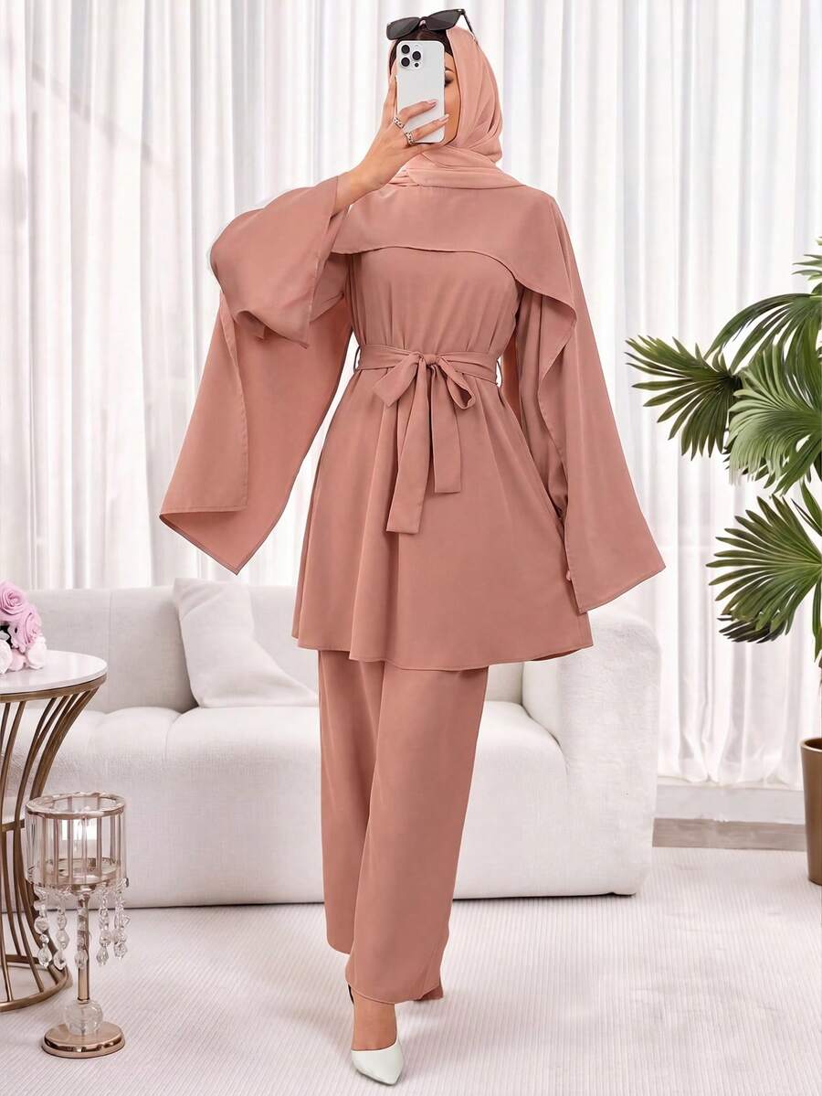 Women's Solid Color Waist Knot Long Robe Top And Pants Arabic Costume Set - Pink - View 1