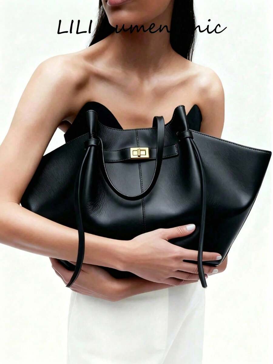 Luxury Black Matte PU Tote Bag, Sleek Trapezoid Large Capacity Shoulder Design With Metal Twist Lock And Dual Drawstring Details, Soft PU Material Lightweight And Resilient, Suitable For Teachers, Young Professionals Daily Commute, Business Commute, Dating And Outings - Black - View 1