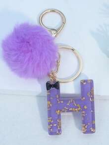 Minimalist Cute Initial Keychain A-Z Women's Bag Charm Black Bow Purple Pom Pom Key Chain Daily Wear Gift Accessory - Purple - View 24