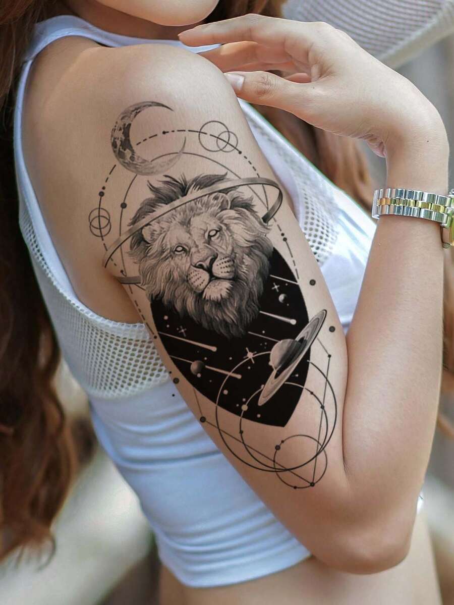 Dreamy Lion Planet Moon Pattern Party Gift Holiday Gift DIY Music Festival Temporary Tattoo Sticker For Arm Back Leg Waterproof Body Skin Tattoo Sticker 1pc/Pack - Black - View 1