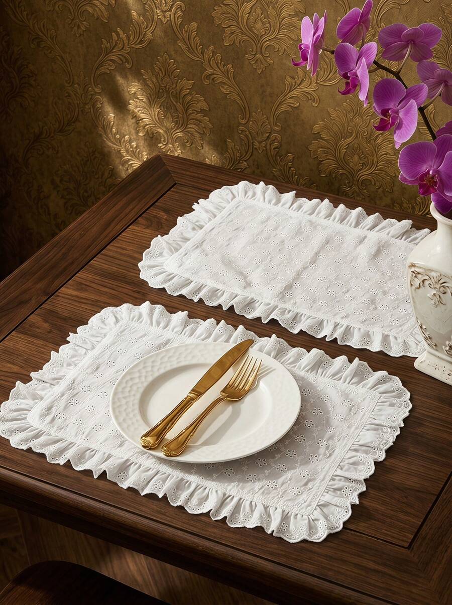 Cirelle 1pc/2pcs/6pcs Floral Embroidered Lace Decor Placemats & Napkins, Minimalist Ins Style Photo Backdrop - White - View 1