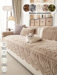 1PC Thick Faux Rabbit Fur Sofa Cover, Cozy All‑Season 3D Leaf Floral Embossed Plush Couch Protector, Non‑Slip Machine Washable Pet Friendly Sofa Cushion Mat For Living Room Home Decor - Khaki - View 1