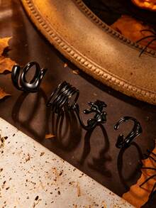 4pcs Stainless Steel Halloween Black Ring Set, Gothic Skull Spider Web Open Rings, Dark Cool Party Gathering Photo Shoot Costume Decoration Hand Jewelry - Black - View 7