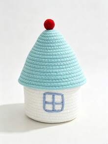 1pc Tree & House Pattern Knitted Storage Basket, Cute Country Style Woven Cotton Round, With Pom Pom And Embroidery Details, Multi-Functional Desktop Storage Bin, Suitable For Christmas Home Living Room Bedroom Decor, All Season Holiday Gift - Multicolor - View 11