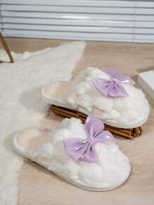 Women's Bow Open Toe Plush Warm Slippers, Comfortable Breathable Indoor House Slippers, Suitable For All Seasons - Purple - View 6