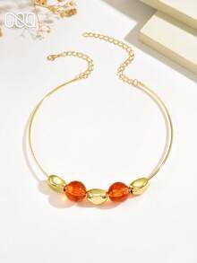 OOQ 1pc Bohemian Style Colorful Asymmetrical Geometric Resin Beaded Choker Necklace, Adjustable Size Fashionable Versatile Women's Necklace, Suitable For Daily Commute, Date, Sweater, Top, Dress, Social Gift - Gold - View 3