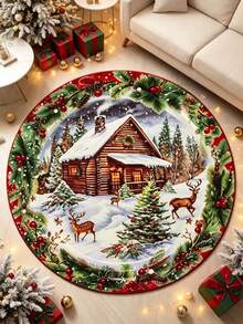 1pc Reindeer & Pine Forest Winter Snow Scene Round Rug, Decorative Carpet, Bedroom Decor, Small Rug, Carpet, Home Decor, Living Room Rug, Living Room Small Rug, Bedroom Rug, Living Room Home Decor, Outdoor Rug, Washable Rug - Multicolor - View 1