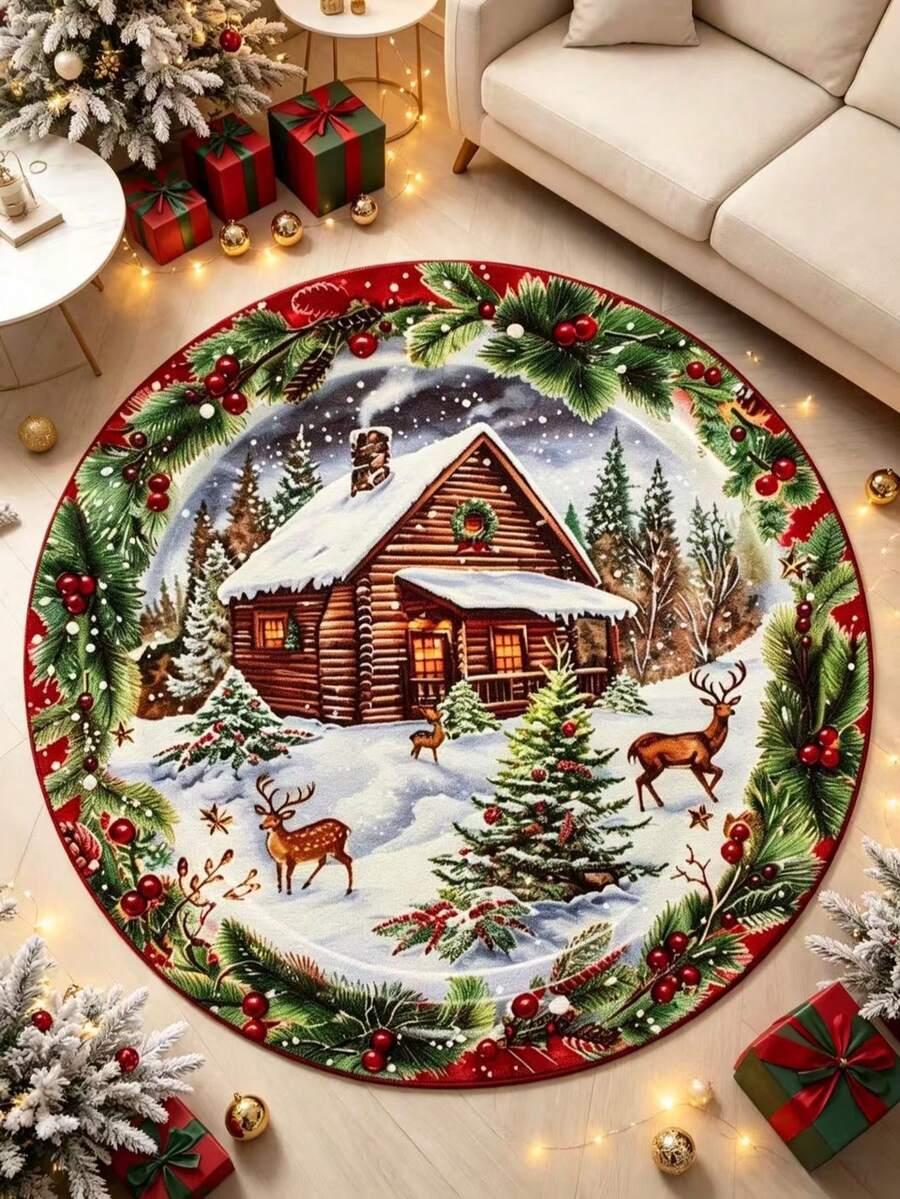 1pc Reindeer & Pine Forest Winter Snow Scene Round Rug, Decorative Carpet, Bedroom Decor, Small Rug, Carpet, Home Decor, Living Room Rug, Living Room Small Rug, Bedroom Rug, Living Room Home Decor, Outdoor Rug, Washable Rug - Multicolor - View 1