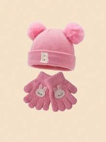 3pcs Baby Letter Pom Pom Knitted Hat And Gloves Set, Baby Girl Winter Warm & Cold-Proof Set, Suitable For Autumn/Winter Outdoor Fashion Matching, Perfect As A Gift - Pink - View 5