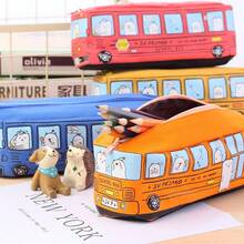 1pc Kids Cute Bus Canvas Pencil Case,With 2Pcs Random Mechanical Pencils,High Capacity Cartoon Car Pouch,School Stationery Storage Bag,Back To School - Multicolor - View 4