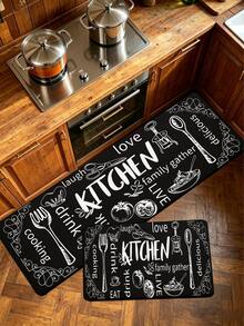 1pc Black Tableware Graffiti Kitchen Mat, 0.6mm Plush Velvet, Soft And Machine Washable, Suitable For Kitchens, Corridors, Bathrooms, Living Rooms, Outdoor Entrances, And Toilets, Usable Year-Round And Appropriate For Various Occasions. - Multicolor - View 2