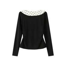 Women's Black Polka Dot Ruffle Collar Long Sleeve T-Shirt, Autumn High-End Slim Fit Split Hem Flattering Versatile Top - Black - View 7