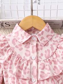 4-7 Years Old Girls Pink Leopard Print Long Sleeve Shirt Dress With Belt, Ruffle Decor Mesh Ballet Tutu Princess Dress - Pink - View 3