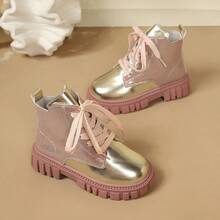 1 Pair 2026 Latest Pink & Gold Patchwork Girls' Boots, Non-Slip, Durable, Lightweight, Breathable, Suitable For Outdoor, School, Party - Pink - View 1