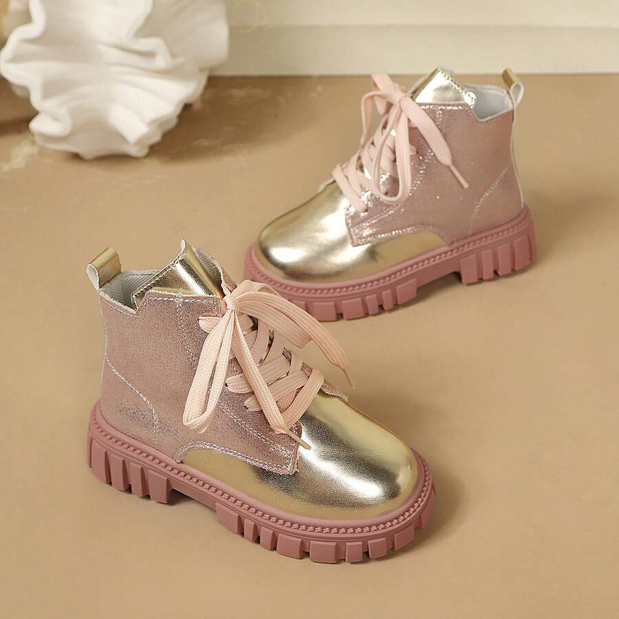 1 Pair 2026 Latest Pink & Gold Patchwork Girls' Boots, Non-Slip, Durable, Lightweight, Breathable, Suitable For Outdoor, School, Party - Pink - View 1