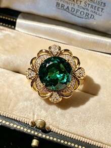 Luxury 18K Gold Plated French Court Style Hollow Design Round Green Zirconia Adjustable Women's Evening Party Ring - Green - View 1