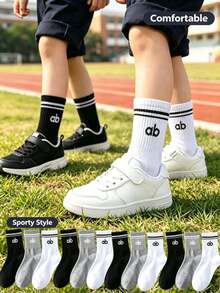 3/6/12 Pairs Kids Double Stripe Cuff AB Letter Print Soft Sweat-Absorbent Mid-Calf Socks, Campus Daily Street Style All-Season - Multicolor - View 2