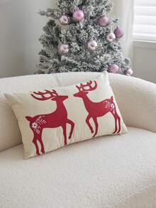 LCUHPCL Christmas Red Deer 3D Embroidered Waist Pillow Case 1pc And 2pcs, Beige Rectangular Cushion Cover, Sofa Bedroom Holiday Home Decor, 12*20 Inches - Multicolor - View 3
