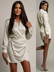 Elegant Casual Women's Satin Leopard Print Short Wrap Dress, Collar & Long Sleeve, Slim Fit - Apricot - View 6