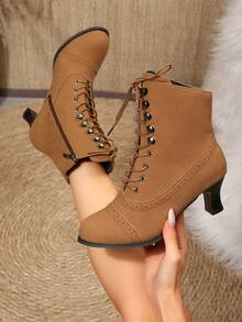 Women's Fashion Boots, Breathable Rivet Chunky Heel Lace-Up Side Zipper Motorcycle Boots - Brown - View 4
