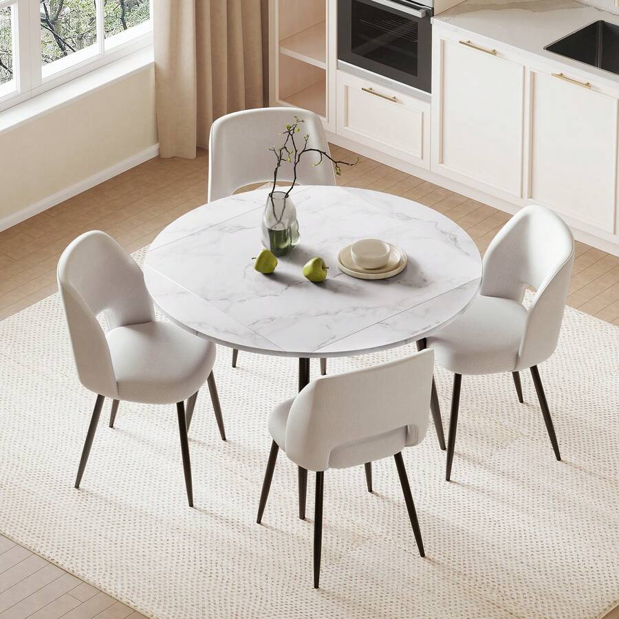 Modern White Marble Extendable Kitchen Table With Corduroy Upholstered Chairs For Dining Room, Kitchen - White Table + White Chair - View 1