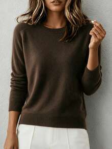 HEYMINI Women's Long Sleeve Basic Crew Neck Wool Sweater, Comfortable Solid Color Knit Pullover, Suitable For Autumn/Winter Wear - Coffee Brown - View 5