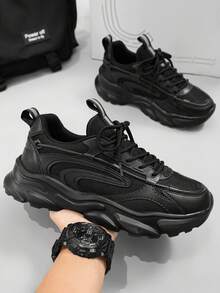 New Men's Pure Black Techwear Chunky Sneakers, Mesh Patchwork Breathable Thick Sole Height-Increasing Outdoor Commute Casual Sports Sneakers - Black - View 3