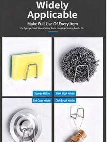 1/2pcs Self‑Adhesive Stainless Steel Sponge Holder, No‑Drill Wall Mount Sink Hook, Waterproof Adhesive Back Storage Rack For Sponge, Scrubber, Dish Brush, Kitchen & Bathroom Organizer - Multi-color - View 8