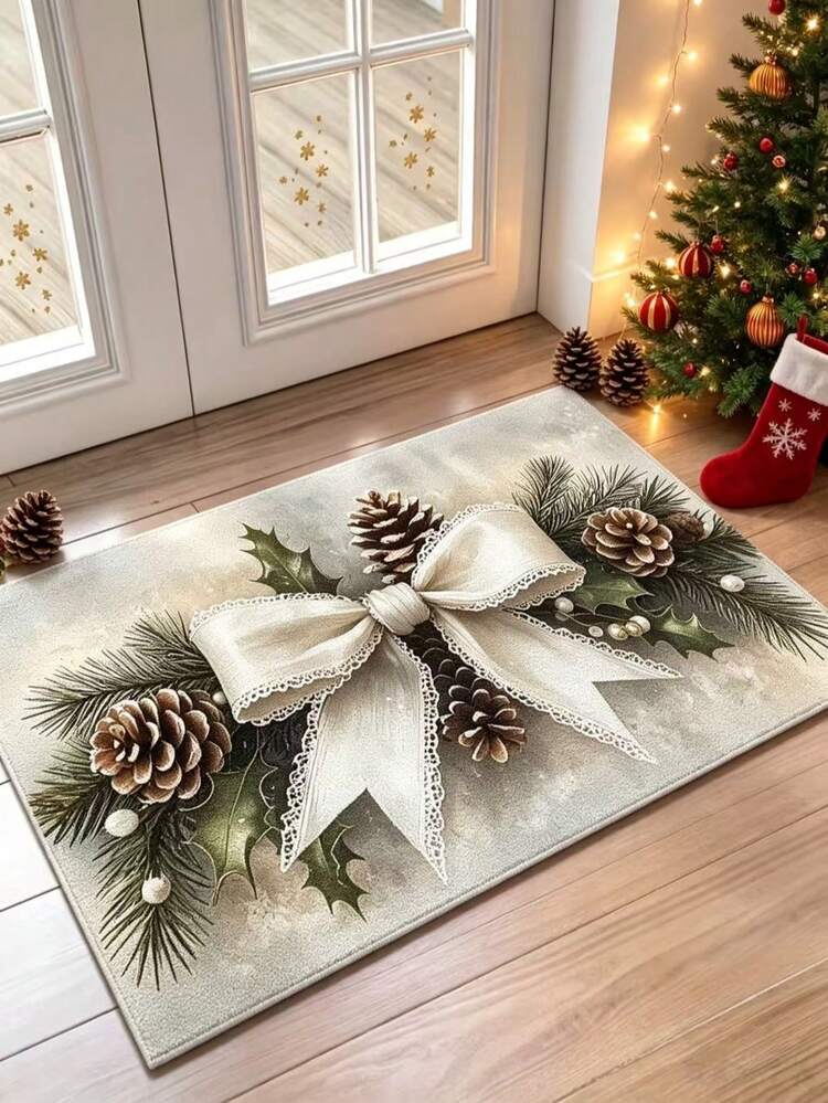 1pc Cool Tone Snowy Landscape & Pine Branch Bow Living Room Rug, Doormat, Small Rug, Welcome Mat, Carpet, Floor Mat, Outdoor Doormat, Kitchen Rug, Home Decor, Front Door Mat, Area Rug, Outdoor Mat, Home Decor, Area Carpet, Garden Rug, Washable Rug - Multicolor - View 2