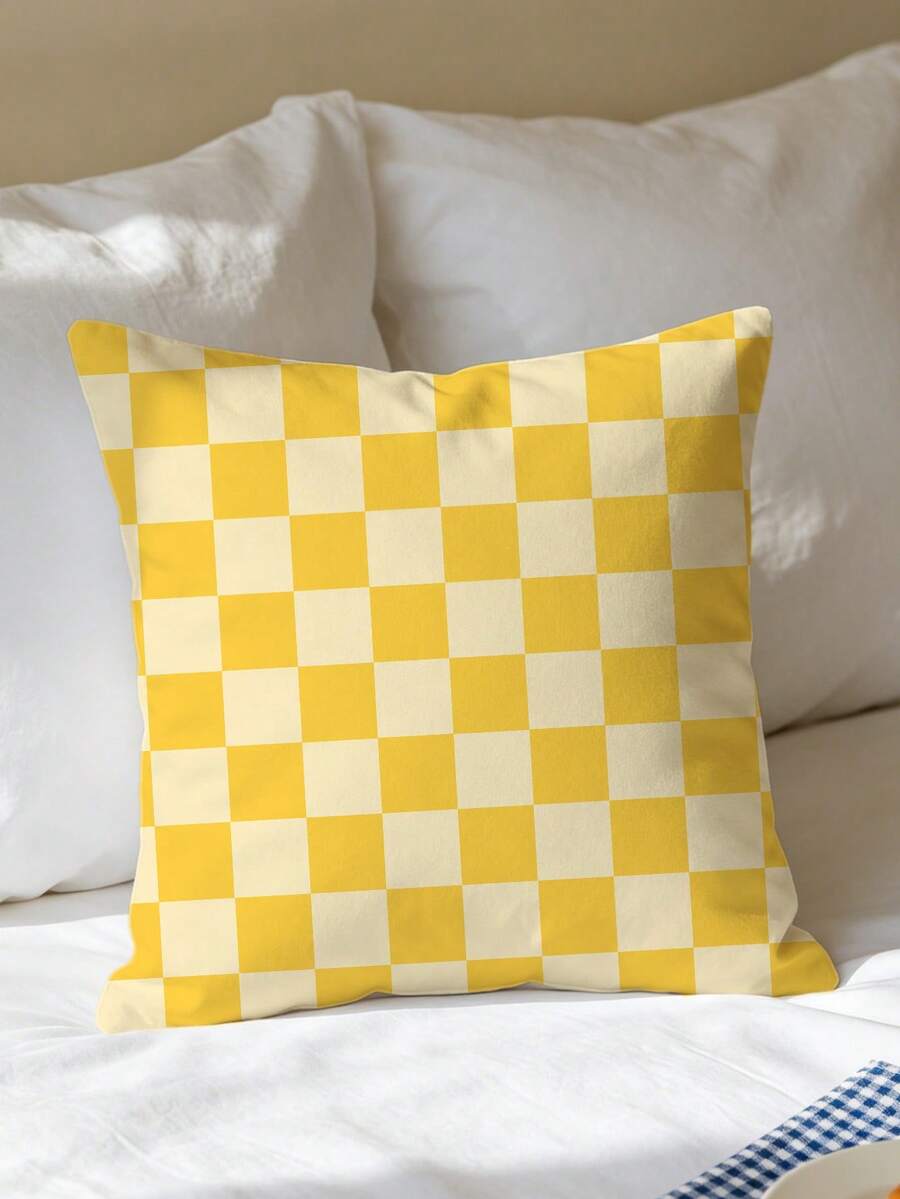 1pc Double-Sided Plaid Yellow Cushion Cover, Sofa Pillowcase, With Invisible Zipper, Machine Washable, Perfect For Living Room, Bedroom Or Car Decor, Plaid Pattern, Durable Pillowcase, Pillow Insert Not Included - Yellow - View 1