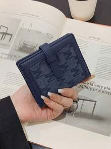 Unisex Blue Jacquard Bifold Wallet, Slim Bi-Fold Card Holder With Cash Slot, Strap/Tab Closure Vintage Style Small Pocket Wallet - Blue - View 2