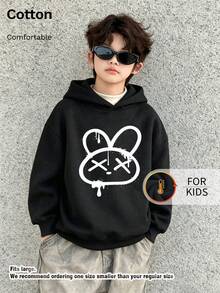 Kids Hooded Sweatshirt, Drip Style Bunny Head Graphic Print Thick Fleece Lined Pullover For Kids - Black - View 3