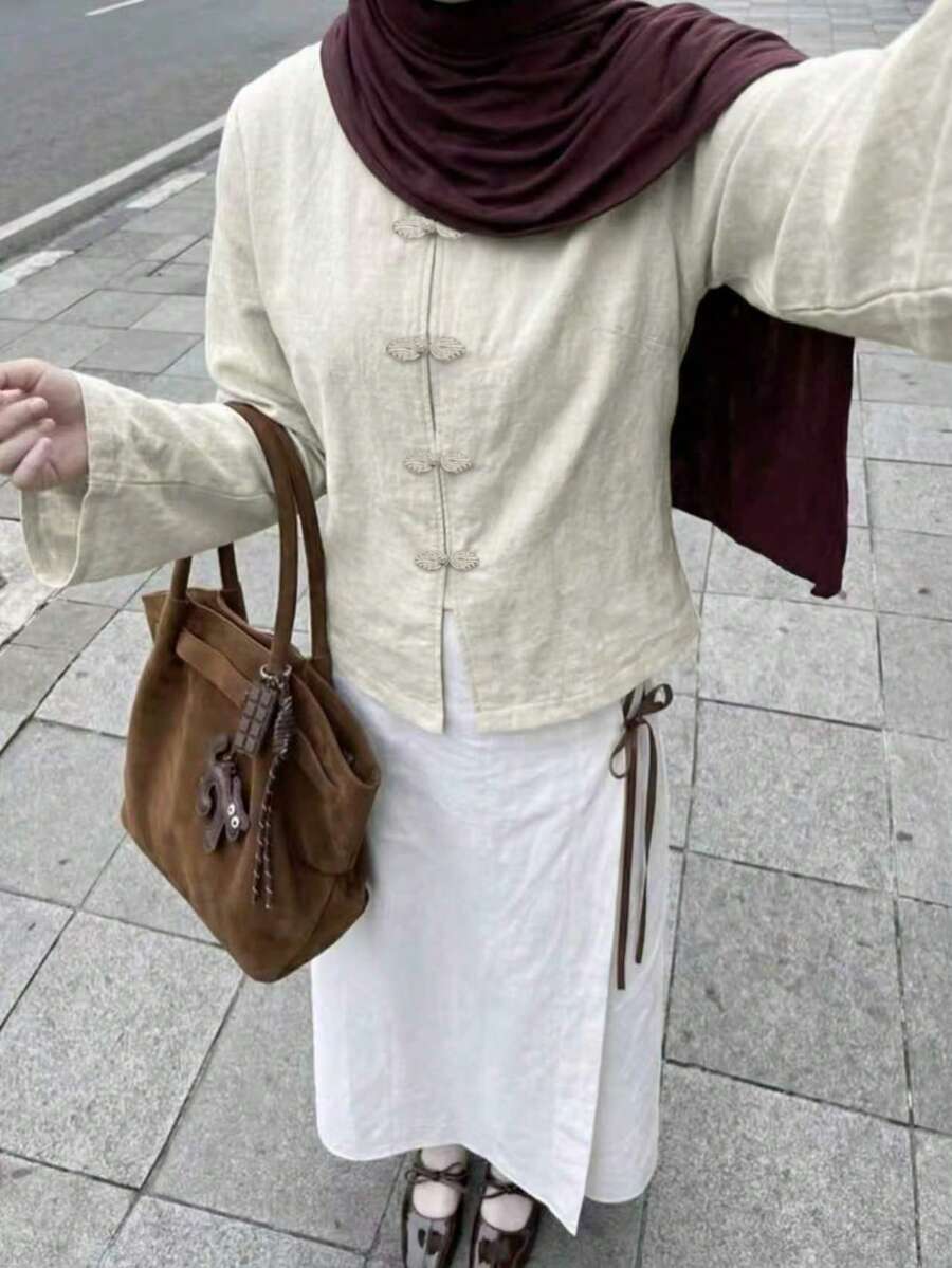 女款中式盤扣前開襟開衫外套,長袖紋理亞麻混紡夾克,復古簡約休閒日常穿搭 - 杏色 - 查看 1