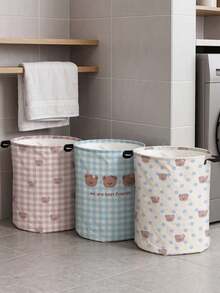 Cute Bear Pattern Foldable Laundry Basket, Large Capacity Round Fabric Dirty Clothes Storage Bin With Handle, Home Storage Basket, Laundry Bag, Suitable For Bedroom, Dorm, Bathroom, Home Essential, Perfect For Storage, Gift, Housewarming Gift - Multicolor - View 1
