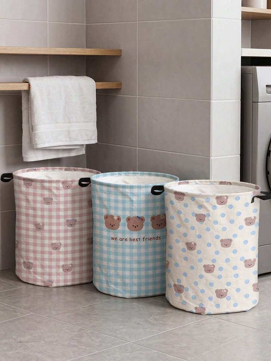 Cute Bear Pattern Foldable Laundry Basket, Large Capacity Round Fabric Dirty Clothes Storage Bin With Handle, Home Storage Basket, Laundry Bag, Suitable For Bedroom, Dorm, Bathroom, Home Essential, Perfect For Storage, Gift, Housewarming Gift - Multicolor - View 1