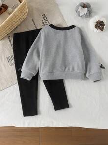 2pcs Baby Girl Gentle Minimalist Contrast Trim Bow Long Sleeve Cardigan & Solid Color Elastic Long Pants Set, Spring/Autumn - Grey - View 2