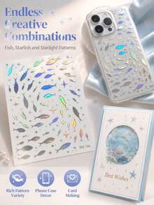 1pc Decor Stickers With Tweezer, Stickers For Laptop, Holographic Iridescent Fish & Star Motif, Aesthetic Ocean‑Style Ornamental Decals, For Phone Case, Camera, Tumbler, Gift Card Decoration - Laser Fish School - View 1