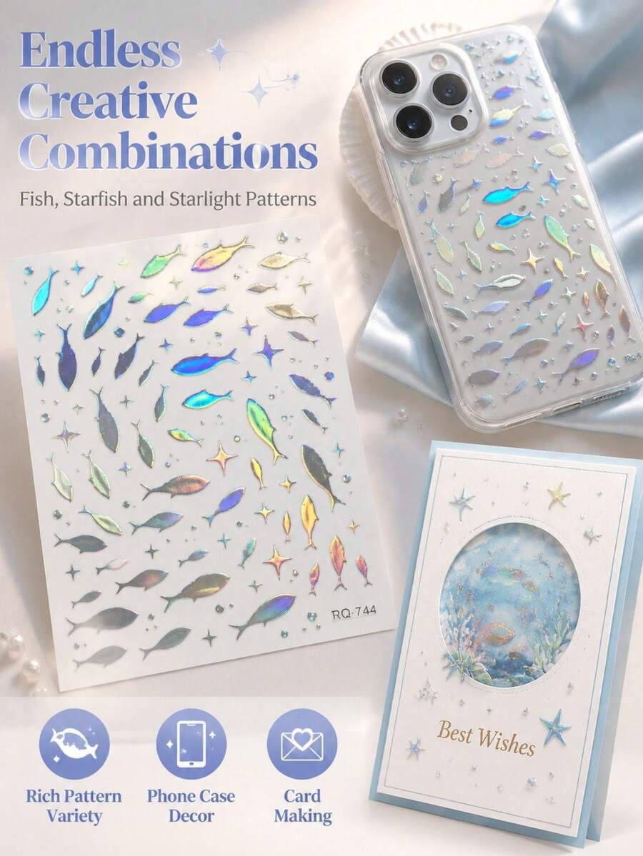 1pc Decor Stickers With Tweezer, Stickers For Laptop, Holographic Iridescent Fish & Star Motif, Aesthetic Ocean‑Style Ornamental Decals, For Phone Case, Camera, Tumbler, Gift Card Decoration - Laser Fish School - View 1