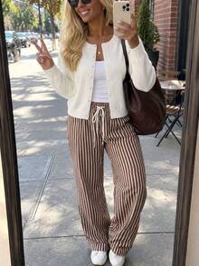 Women's Plus Size Cropped Cardigan, Knit Round Neck Long Sleeve Button Up Sweater For Fall & Spring Outfits - Light Beige - View 8