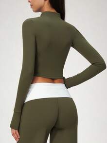 NcmRyu Women's 1pc Solid Color Stand Collar Zipper Thumbhole Cuff Short Jacket Coat, Autumn/Winter - Green - View 3