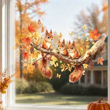 1/4 Hojas de Adhesivos para Ventanas con Diseño de Ardilla de Dibujos Animados Lindos, Calcomanías Estáticas Reutilizables con Hojas de Arce y Calabaza para Decoración de Vidrio de Habitación Infantil en Otoño y Acción de Gracias - Multicolor - Ver 2