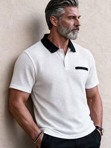 GOLDREDY Men's Fashion Classic Personalized Solid Color Pineapple Grid Patchwork Black Flat Knit Collar Hollow Design Suitable For Daily Casual Fashion Simple Outing Commute Street Summer New Short Sleeve T-Shirt - White - View 2