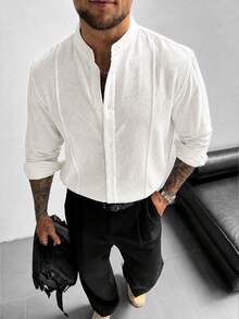 Men's Old Money Style Linen Blend White Textured Button-Up Loose Long Sleeve Shirt, Summer/Autumn Casual, Street, Work, Date, Office, Husband/Father - Beige - View 8